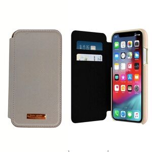 kate spade new york Wrap Folio Tan Grayish Case Gold Logo iPhone XR